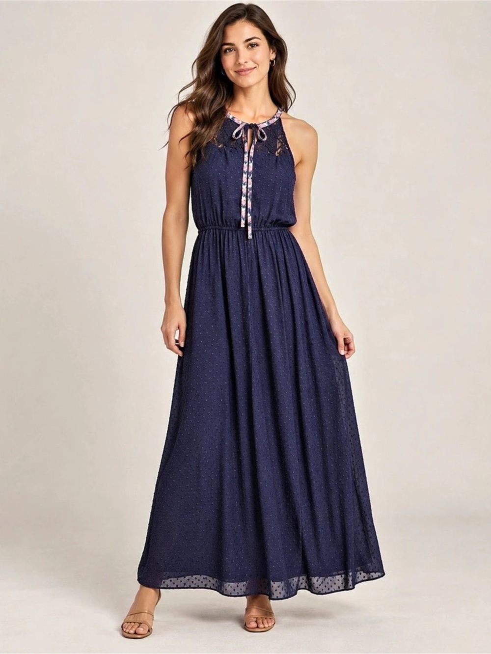 Daniel Rainn XS Navy Blue Lace Swiss Dot Maxi Dress Floral Trim Boho
